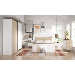 ILONA CAMINA - Chambre Complète 160x200cm avec Dressing Effet Chêne Clair et Blanc Mat