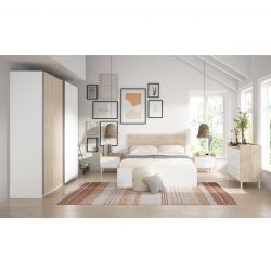ILONA CAMINA - Chambre Complète 140x190cm avec Dressing Effet Chêne Clair et Blanc Mat