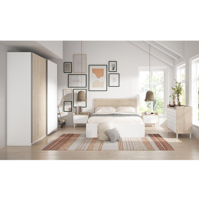 ILONA CAMINA - Chambre Complète 140x190cm avec Dressing Effet Chêne Clair  et Blanc Mat -  - Meubles, Salons, Literie
