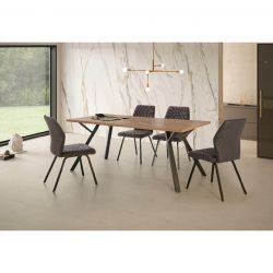 PADDY - Pack Table 160cm Effet Noyer + 4 Chaises Bi-Matière Gris Anthracite