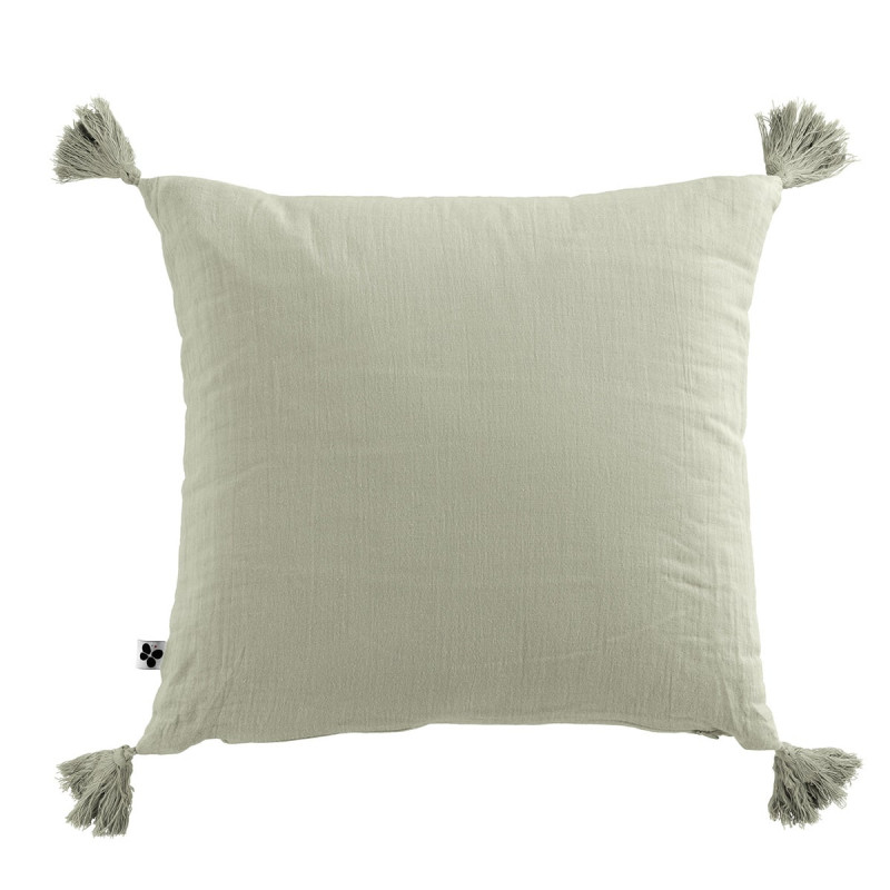 OUREA - Coussin Déhoussable 40x40cm avec Pompons Gaze de Coton Vert d'Eau