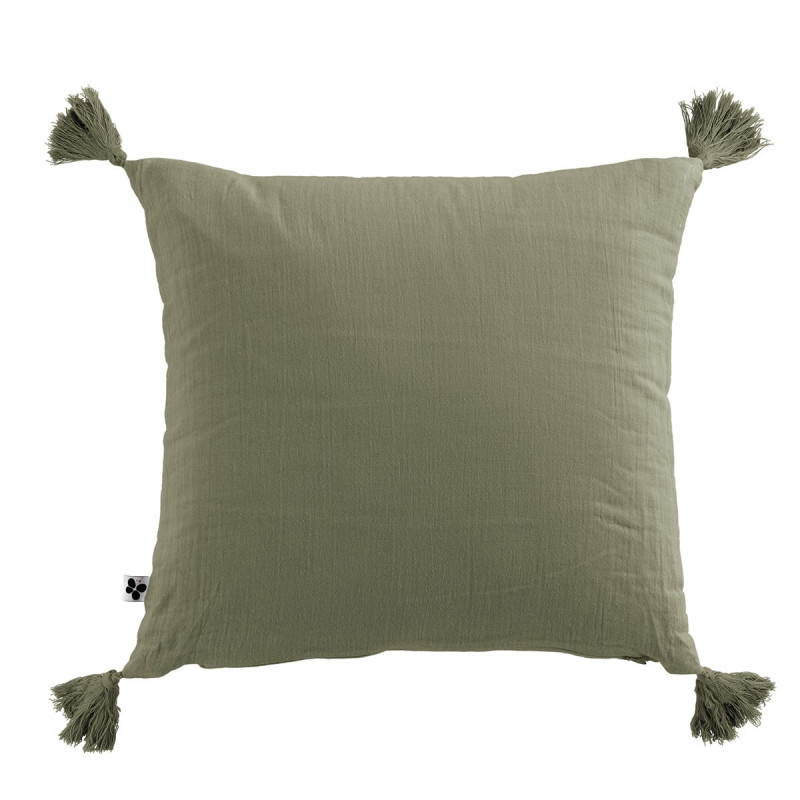 OUREA - Coussin Déhoussable 40x40cm avec Pompons Gaze de Coton Romarin