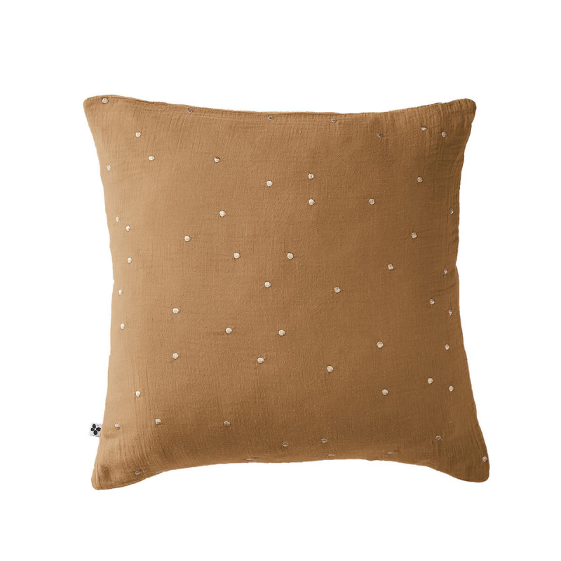 OUREA MOTIF - Taie d'Oreiller 60x60cm Gaze de Coton Camel à Pois Dorés