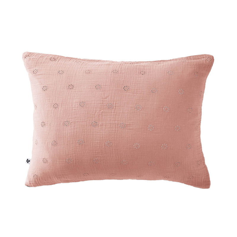 OUREA MOTIF - Taie d'Oreiller 50x70cm Gaze de Coton Rose Pêche à Fleurs Ajourées