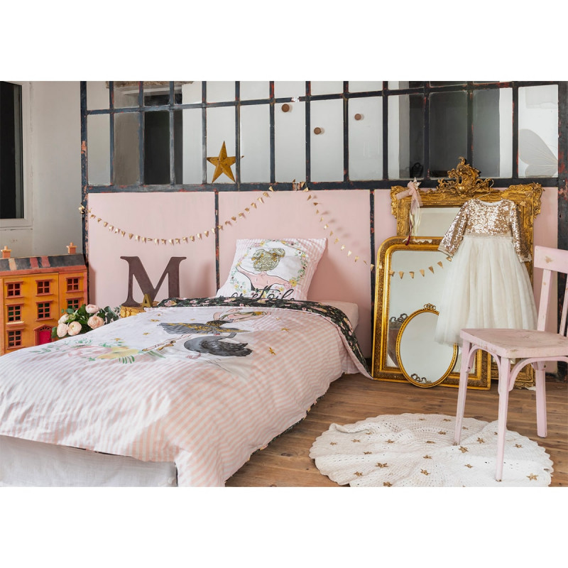BALLET - Parure de Lit Coton Motif Danseuse Housse de Couette 200x200cm + 2 Taies d'Oreiller