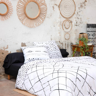 KEDAH - Parure de Lit Coton Motifs Ethniques Housse de Couette 260x240cm + 2 Taies d'Oreiller