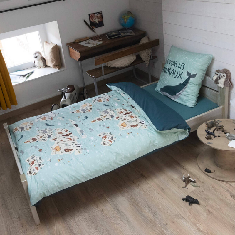 EXPLORE - Parure de Lit Coton Motif Monde Housse de Couette 140x200cm + Taie d'Oreiller