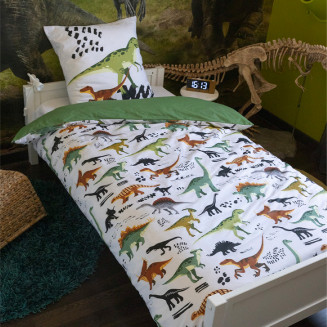 MEZO - Parure de Lit Coton Motif Dinosaures Housse de Couette 140x200cm + Taie d'Oreiller