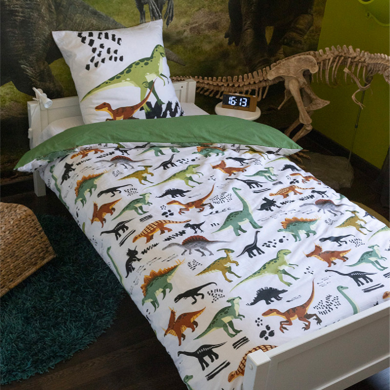 MEZO - Parure de Lit Coton Motif Dinosaures Housse de Couette 140x200cm + Taie d'Oreiller