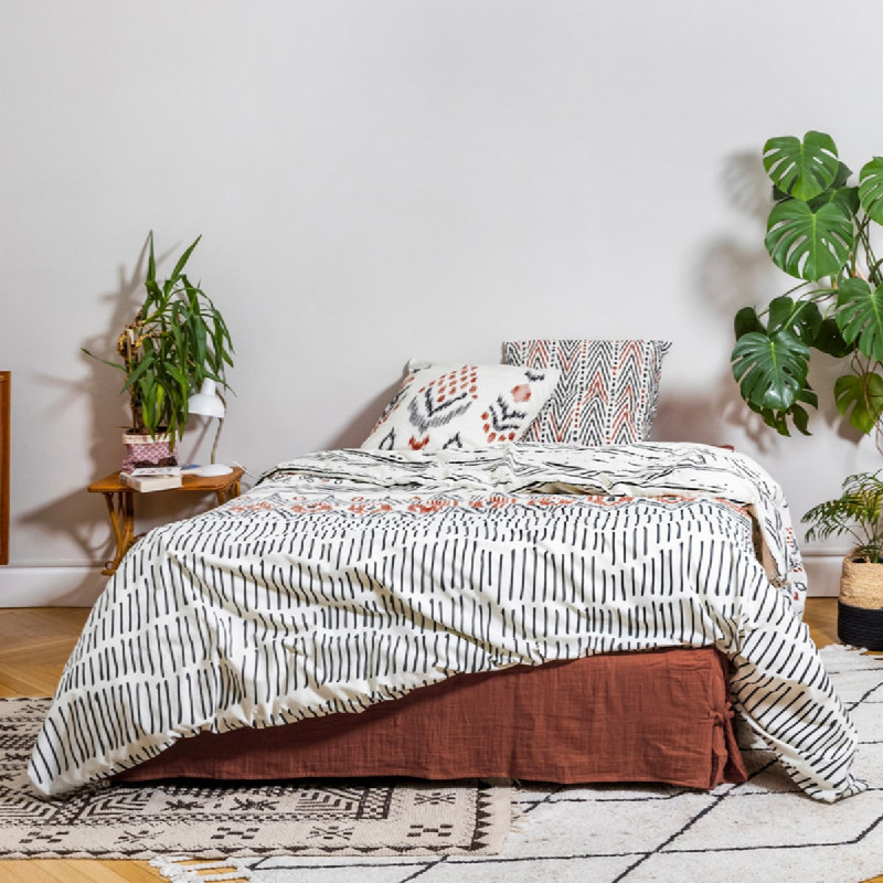 MUNDA - Parure de Lit Coton Motifs Ethniques Housse de Couette 200x200cm + 2 Taies d'Oreiller