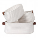 JIANA - Lot de 3 Paniers en Coton Blanc et Poignées Imitation Cuir Marron