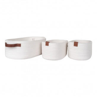 JIANA - Lot de 3 Paniers en Coton Blanc et Poignées Imitation Cuir Marron