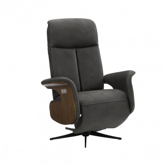 ENZO - Fauteuil Relax Electrique Cuir Gris Foncé Accoudoir Bois Imitation Noyer