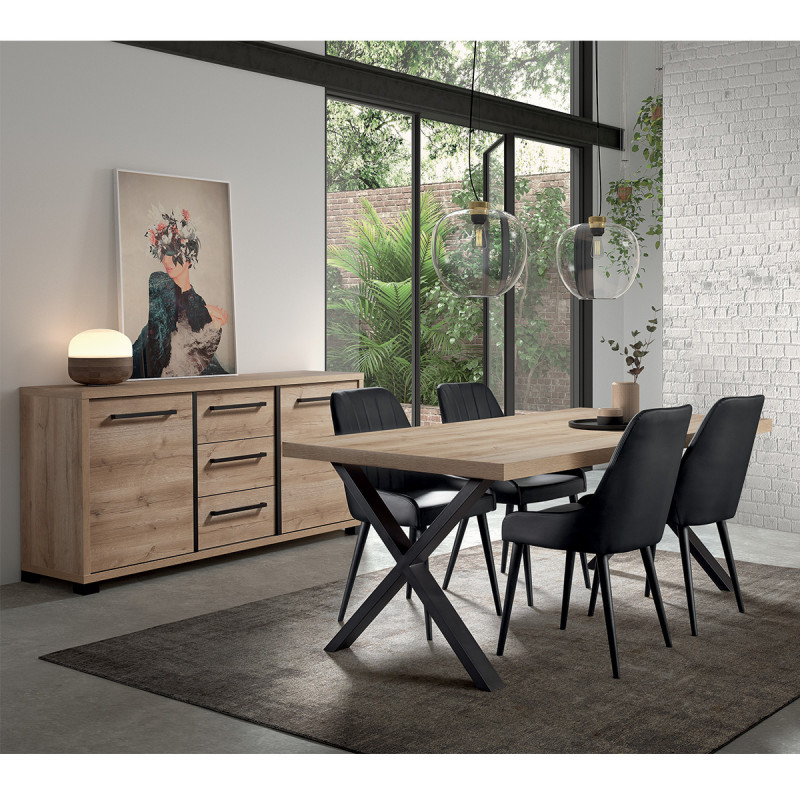 MARCO - Ensemble Buffet 3 Portes et Table 170 cm Aspect Bois Piètement X Métal Noir