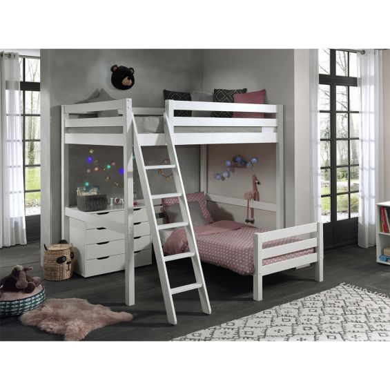 SLEEPY - Lit Mezzanine 140x200cm Blanc avec Lit 90x200cm et Commode