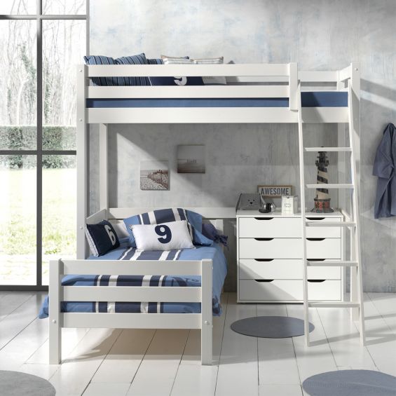 SLEEPY - Lit Mezzanine 90x200cm Blanc avec Lit 90x200cm et Commode