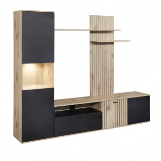 NIVER - Meuble TV Mural avec Banc TV et Colonne Led inclue et Aspect Bois Noir