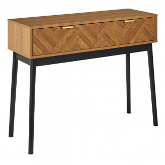 SIXTYS - Console 2 Tiroirs Aspect Bois Décor Chevrons Piétement Noir