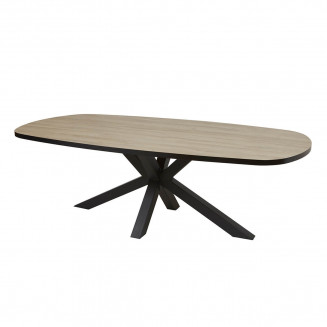 FRANK - Table Ovale 200cm Aspect Bois French Oak Piètement Etoile Métal Noir