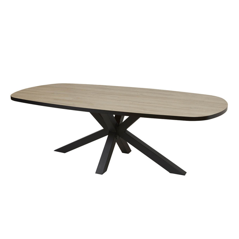 FRANK - Table Ovale 200cm Aspect Bois French Oak Piètement Etoile Métal Noir