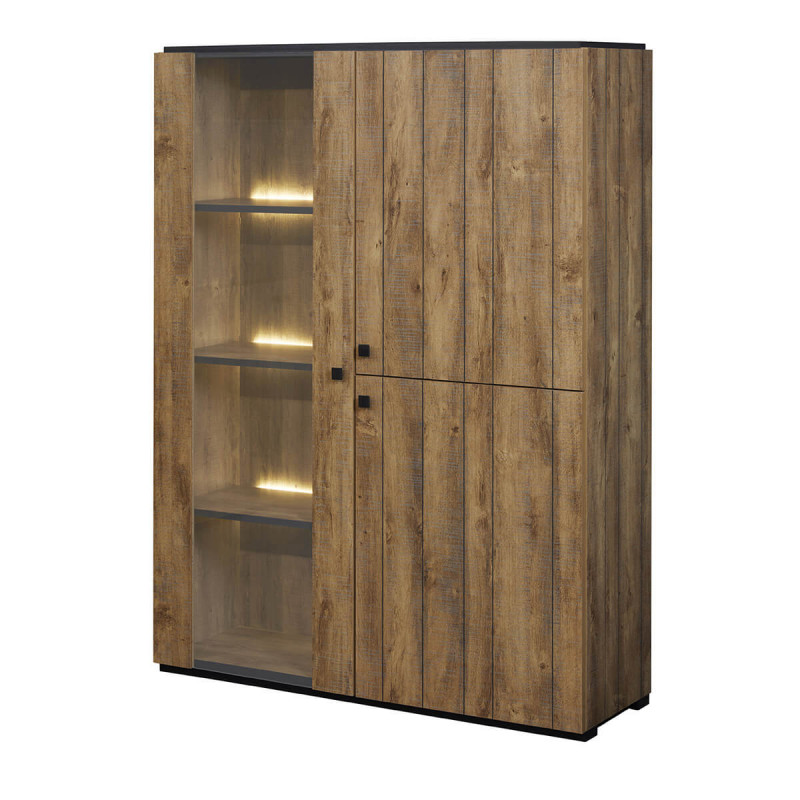 GLESS - Argentier 1 Porte Vitrée et 2 Portes Pleines Aspect Bois avec Leds