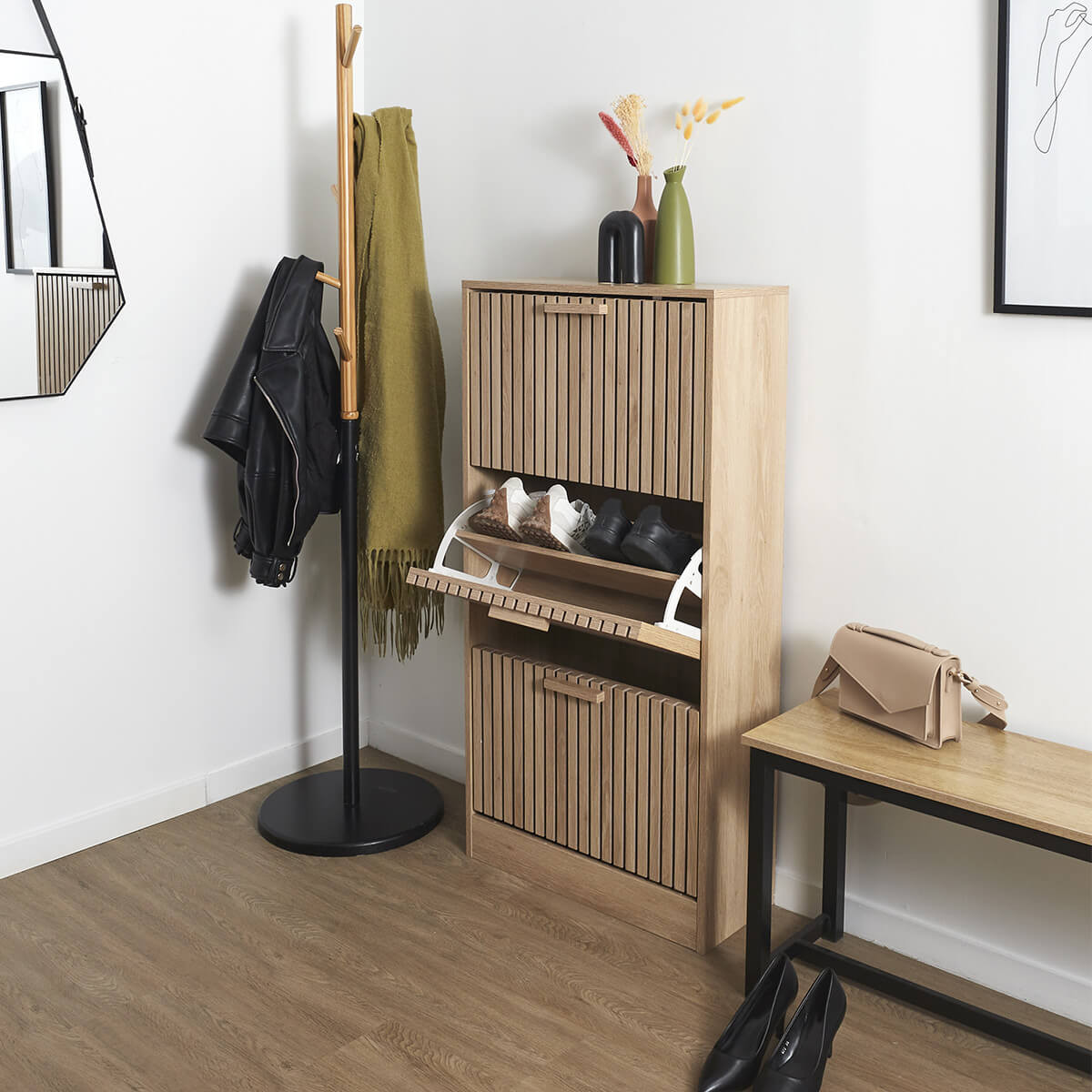 PAJAN - Meuble à Chaussures 3 Portes Basculantes Effet Bois avec ...