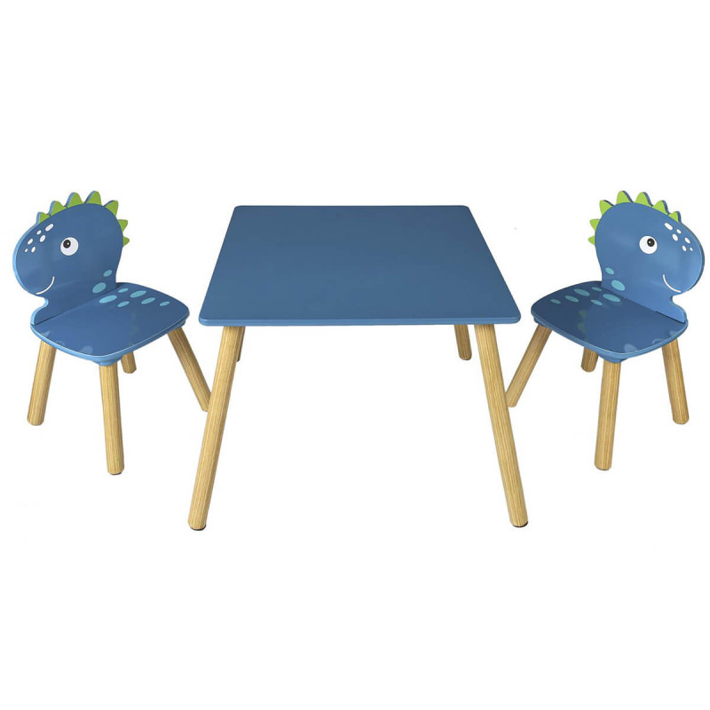 HIPPOLYTE - Ensemble Table et Chaises pour Enfants Décor Dinosaure Bleu