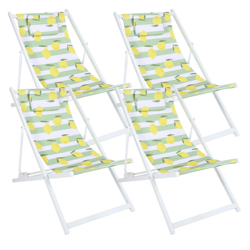 LIMON - Lot de 2 Chiliennes en Bois Teinté Blanc Toile Décor Motifs Citrons