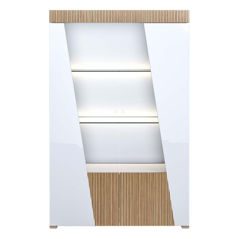 KADALA - Vitrine 2 Portes Design Laquée Blanc Décor Bois avec Leds