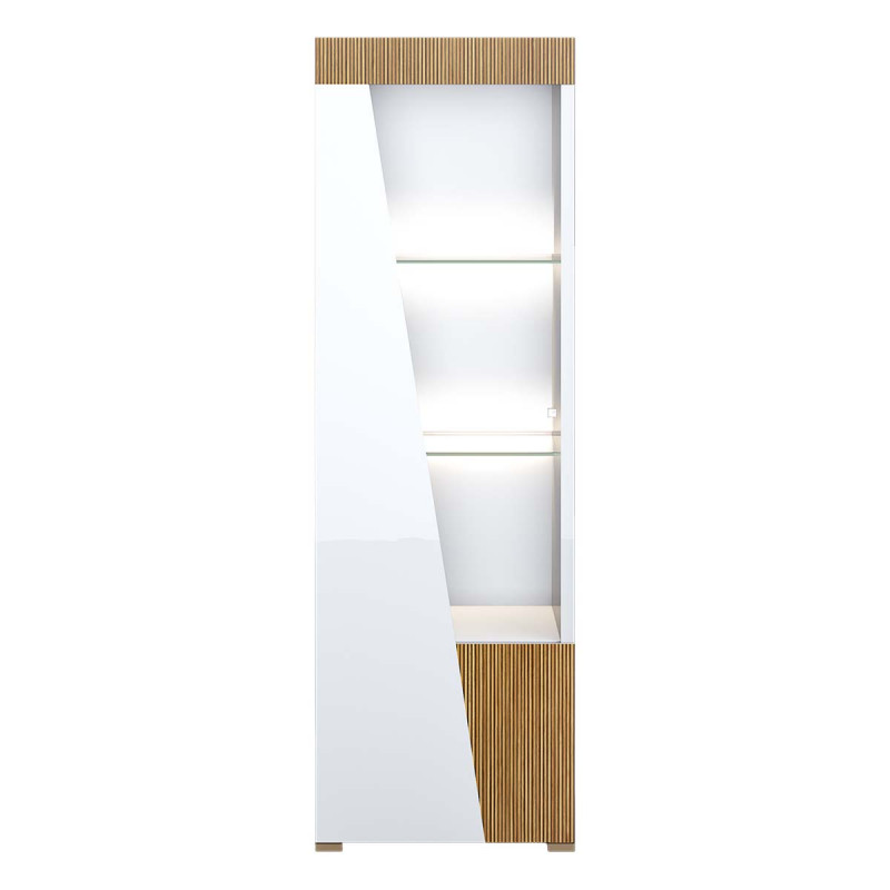 KADALA - Vitrine 1 Porte Gauche Laquée Blanc Décor Bois avec Leds