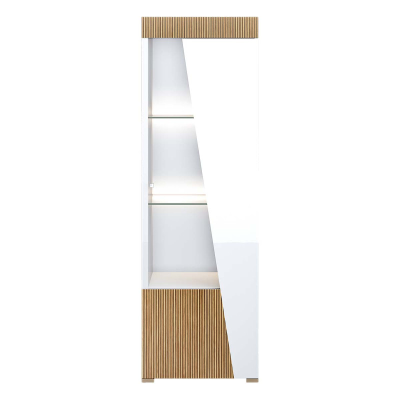 KADALA - Vitrine 1 Porte Droite Laquée Blanc Décor Bois avec Leds