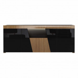 KADALA - Buffet Design 4 Portes Laqué Noir Décor Bois avec Leds