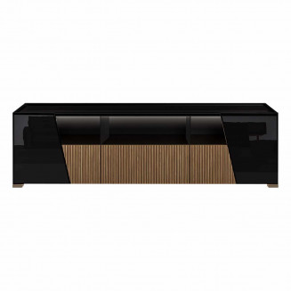 KADALA - Meuble TV Design 158cm Laqué Noir Décor Bois avec Leds