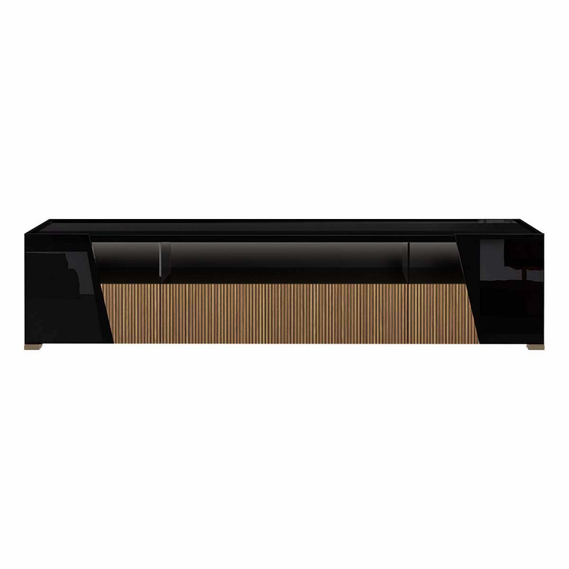 KADALA - Meuble TV Design 209cm Laqué Noir Décor Bois avec Leds