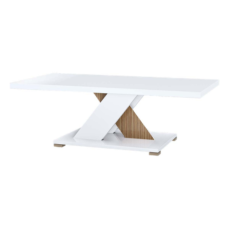 KADALA - Table Basse Laquée Blanc Décor Bois avec Pied Central en X