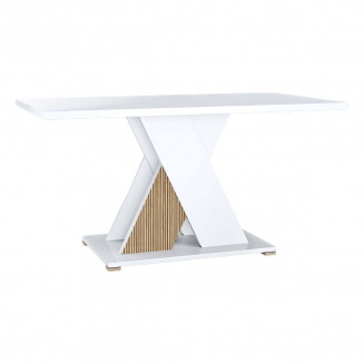 KADALA - Table 160x90cm Laquée Blanc Décor Bois avec Pied Central en X
