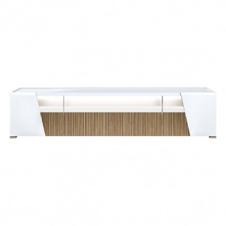 KADALA - Meuble TV Design 209cm Laqué Blanc Décor Bois avec Leds