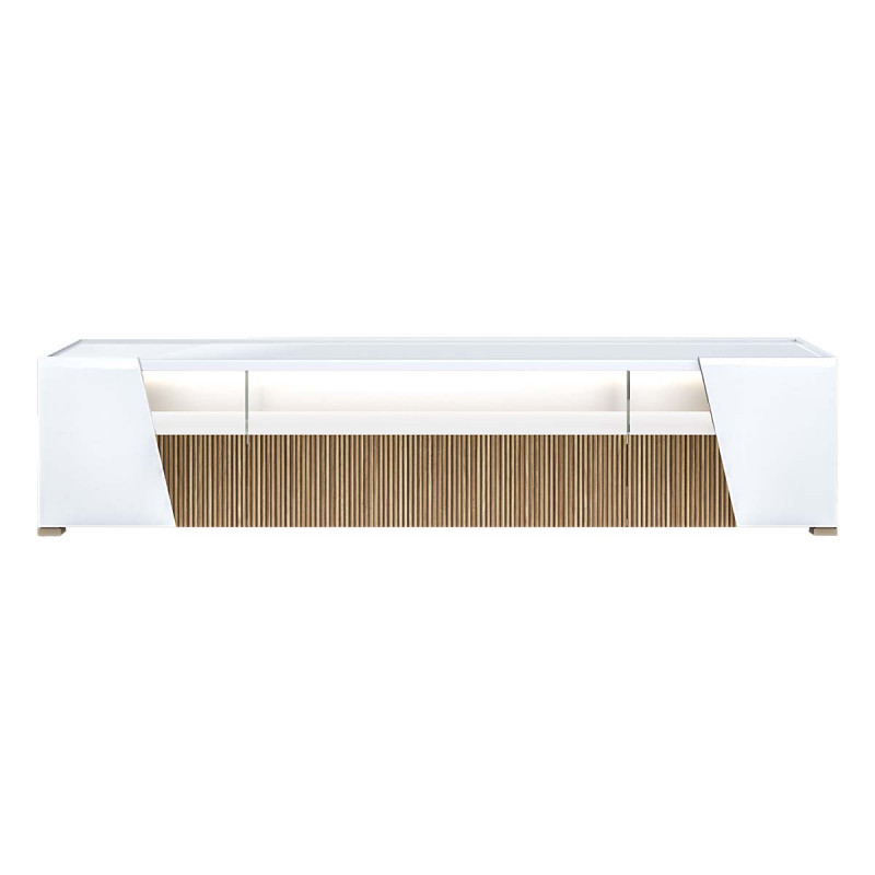 KADALA - Meuble TV Design 209cm Laqué Blanc Décor Bois avec Leds