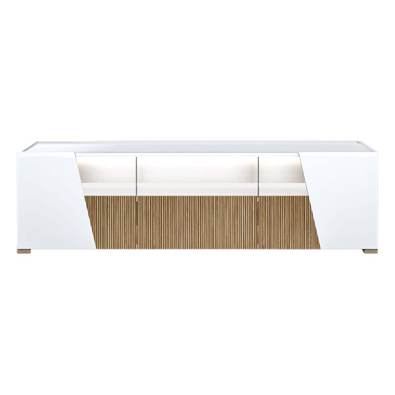 KADALA - Meuble TV Design 158cm Laqué Blanc Décor Bois avec Leds