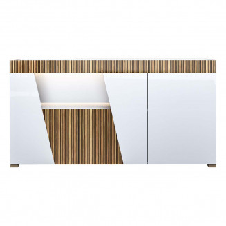 KADALA - Buffet Design 3 Portes Laqué Blanc Décor Bois avec Leds