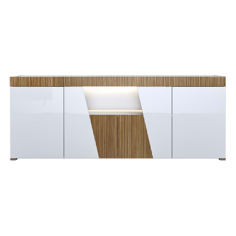 KADALA - Buffet Design 4 Portes Laqué Blanc Décor Bois avec Leds