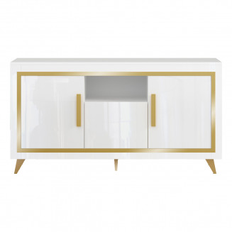 JEMMA - Buffet 3 Portes Laqué Blanc et Décor Doré avec Leds