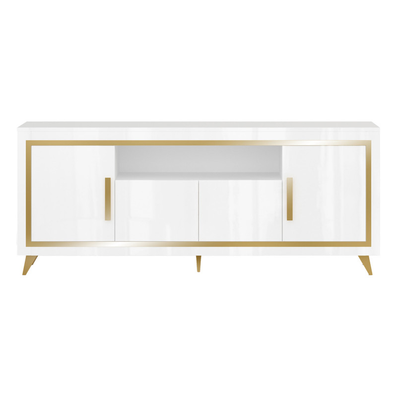 JEMMA - Buffet 4 Portes Laqué Blanc et Décor Doré avec Leds