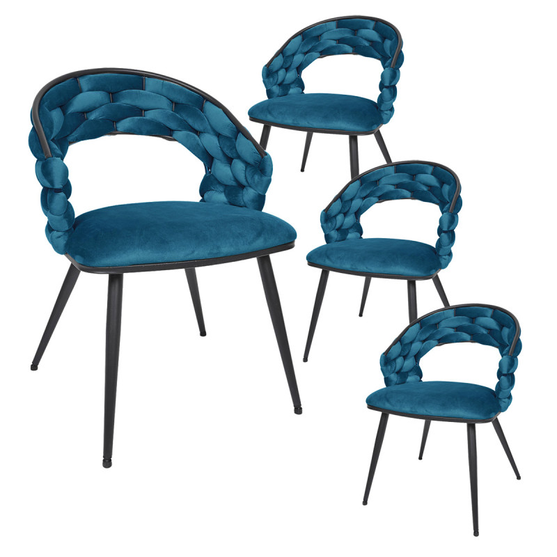 OSCAR - Lot de 4 Chaises en Velours Bleu Pieds Métal Noir