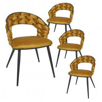 OSCAR - Lot de 4 Chaises en Velours Jaune Moutarde Pieds Métal Noir