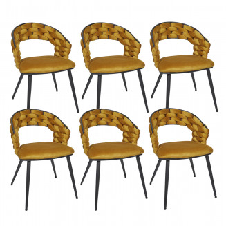 OSCAR - Lot de 6 Chaises en Velours Jaune Moutarde Pieds Métal Noir