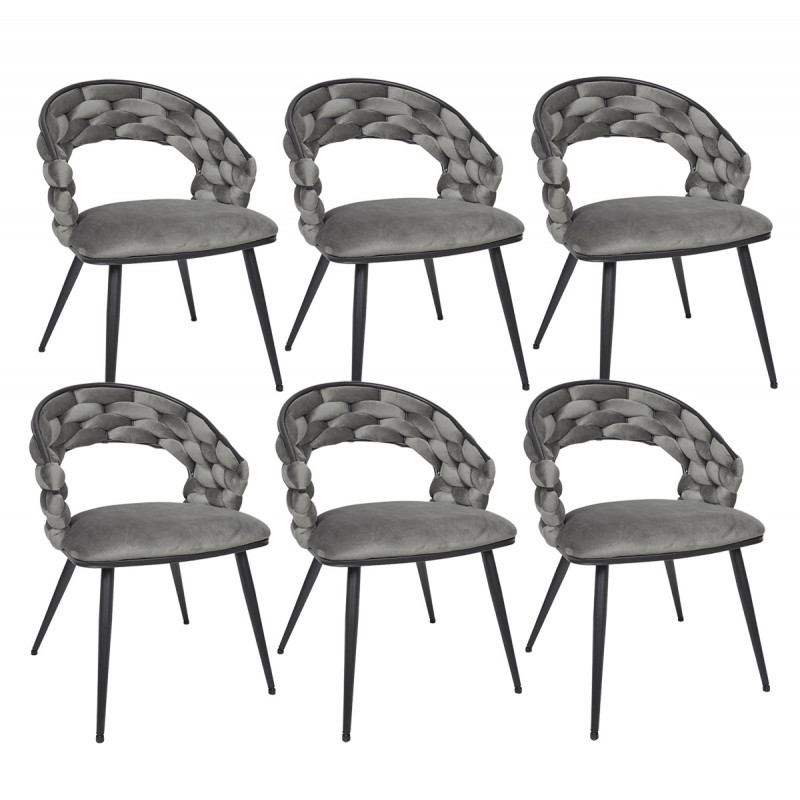 OSCAR - Lot de 6 Chaises en Velours Gris Pieds Métal Noir