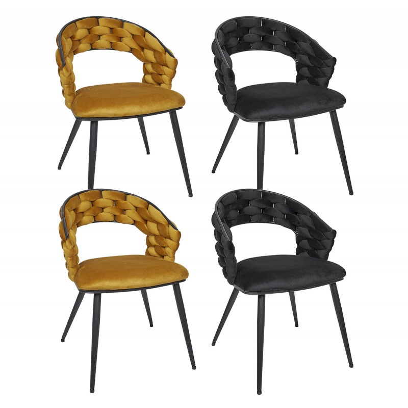 OSCAR - Lot de 4 Chaises en Velours 2 Jaunes et 2 Noires Pieds Métal Noir