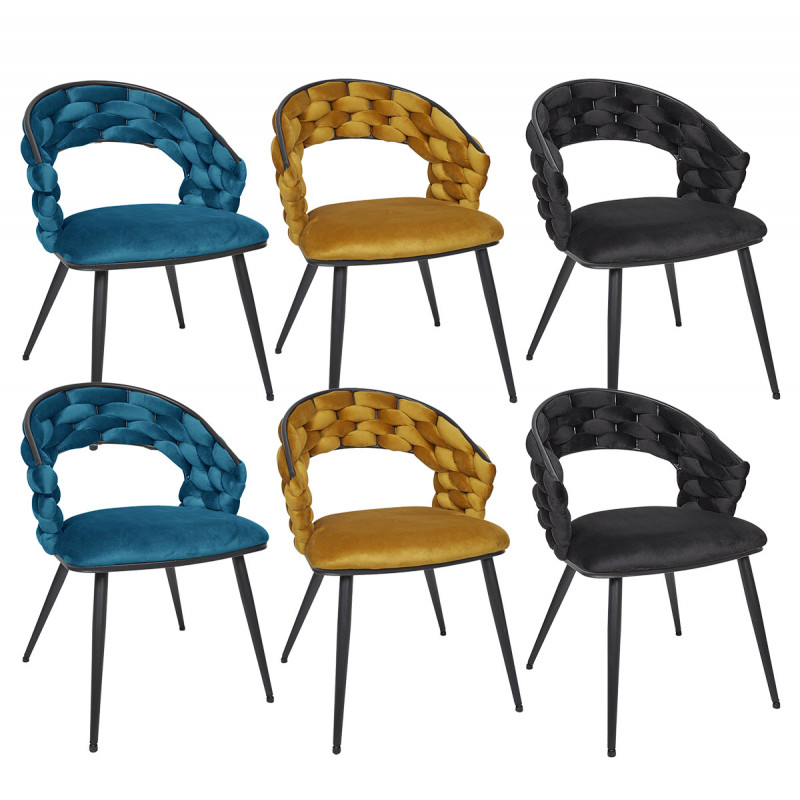 OSCAR - Lot de 6 Chaises en Velours 2 Bleues 2 Jaunes 2 Noires Pieds Métal Noir