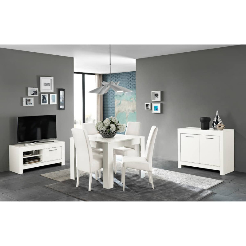 DENAE - Ensemble Salon Séjour Laqué Blanc Brillant Meuble TV + Buffet 2 Portes + Table 100cm